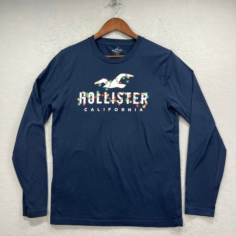 Hollister Sleep Shirt Mens Small Navy Blue Christmas Lights Long Sleeve Tee